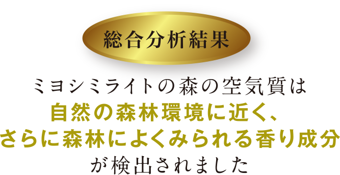 ミヨシミライトの森の空気質は自然の森林環境に近く、さらに森林によくみられる香り成分が検出されました
